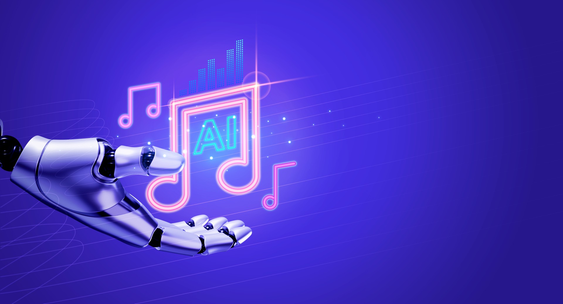 AI generated music concept. Notes icon on robot humanoid hand on blue background with copy space, AI music generator technology, create a song by artificial intelligence.