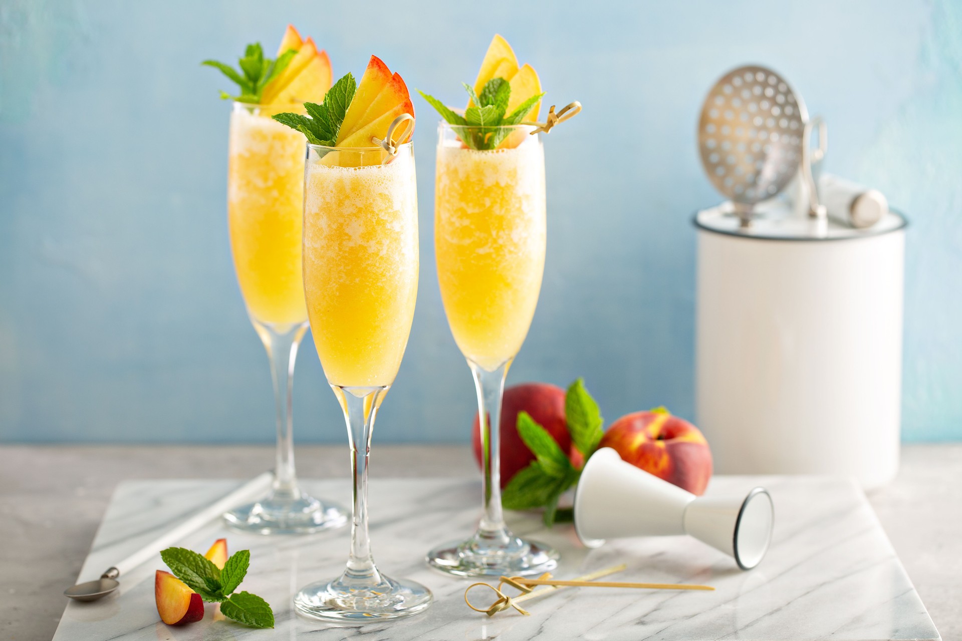 Peach mimosas cocktail for brunch